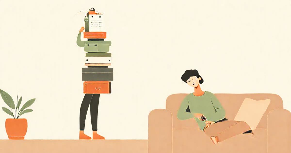 A person balancing a tall wobbly stack of household objects, calendar, lunchbox, medicine bottle, birthday gift, keys while their partner relaxes nearby.