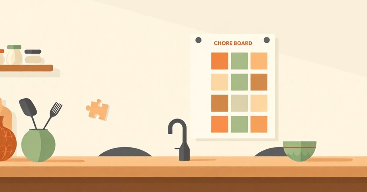 Two different puzzle pieces fitting together on a kitchen table beside a simple visual chore board with colour blocks.