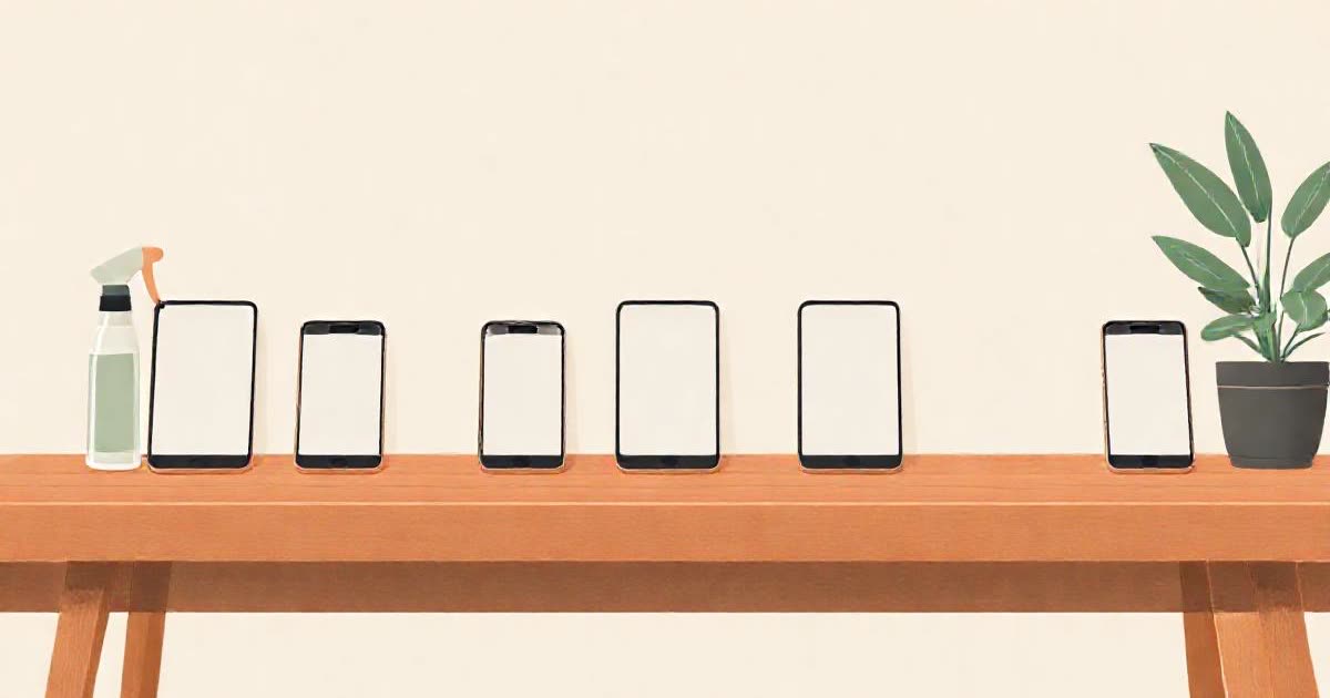 Several blank smartphone screens arranged in a row on a wooden table beside a cleaning spray and a houseplant.