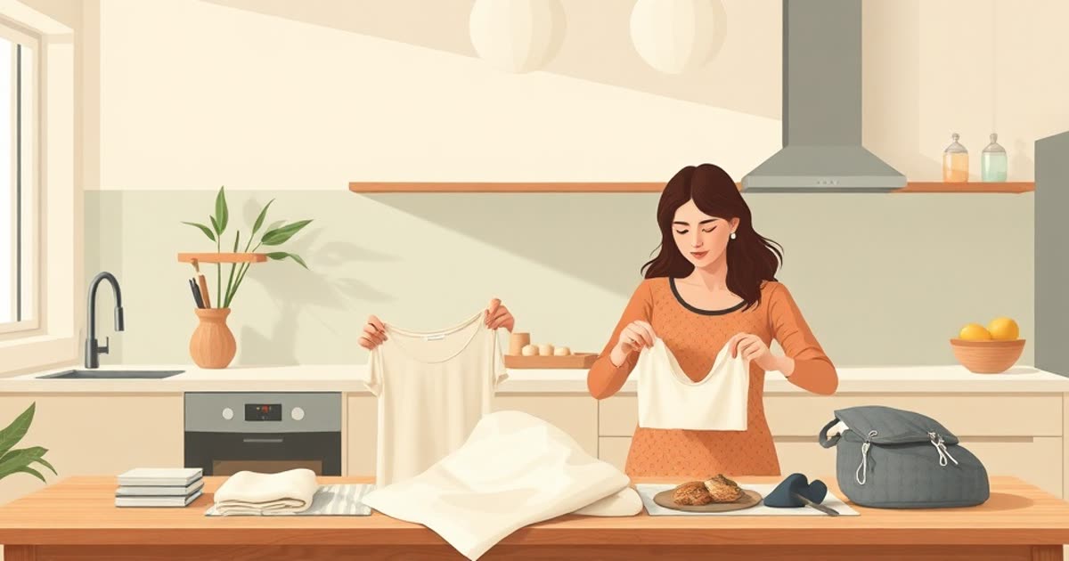 Two people folding laundry together at a table, a calm kitchen behind them.