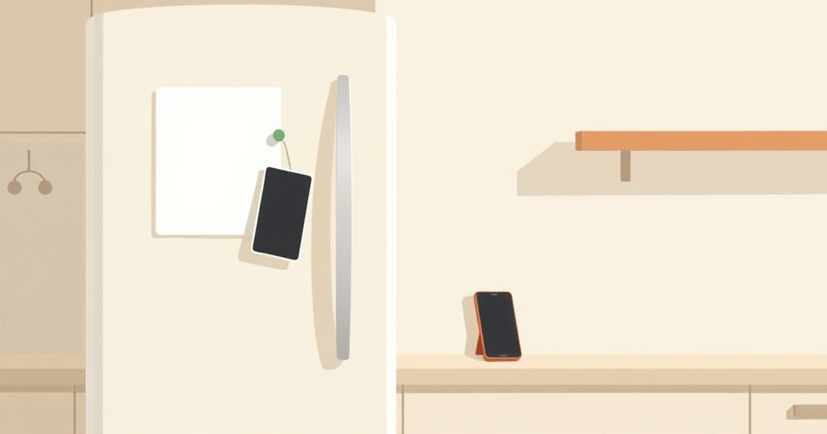 A fridge door with an empty whiteboard and magnets, a phone resting on the counter beside it.
