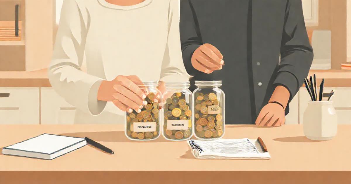 Two hands placing coins into labelled-by-colour jars on a kitchen table, notebook and pencil nearby.
