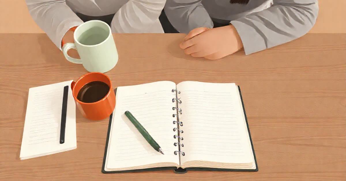 An open ledger notebook with two pens and two coffee mugs on a wooden table.