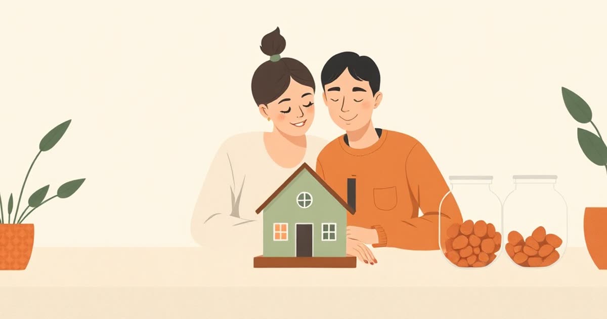 A couple looking at a small model house on a table, a savings jar beside it.