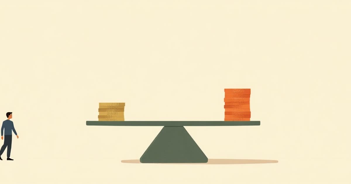 A balance scale with two different sized stacks of coins that are visually level.
