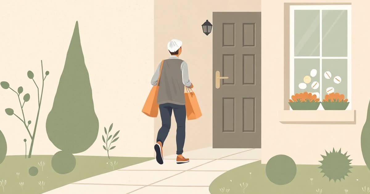 An adult carrying grocery bags up the path to an older parent's front door, pill organiser on a windowsill.
