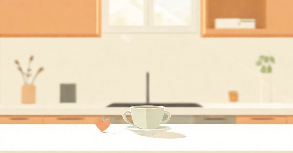 A single small paper heart and a cup of tea on a clean kitchen counter, morning light.