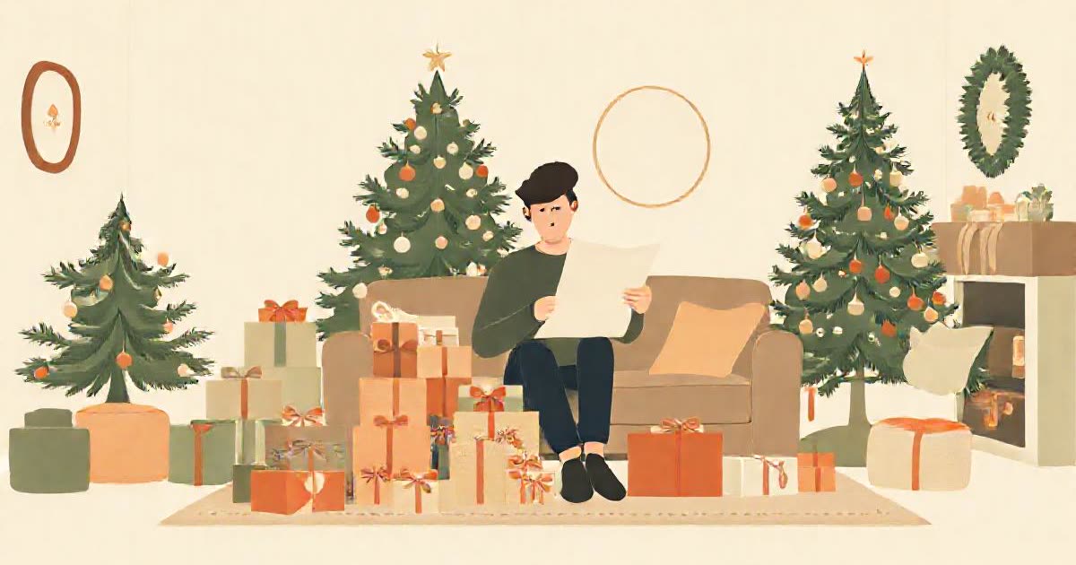 A person surrounded by wrapped gifts, a long list, and a decorated tree, cosy winter living room.