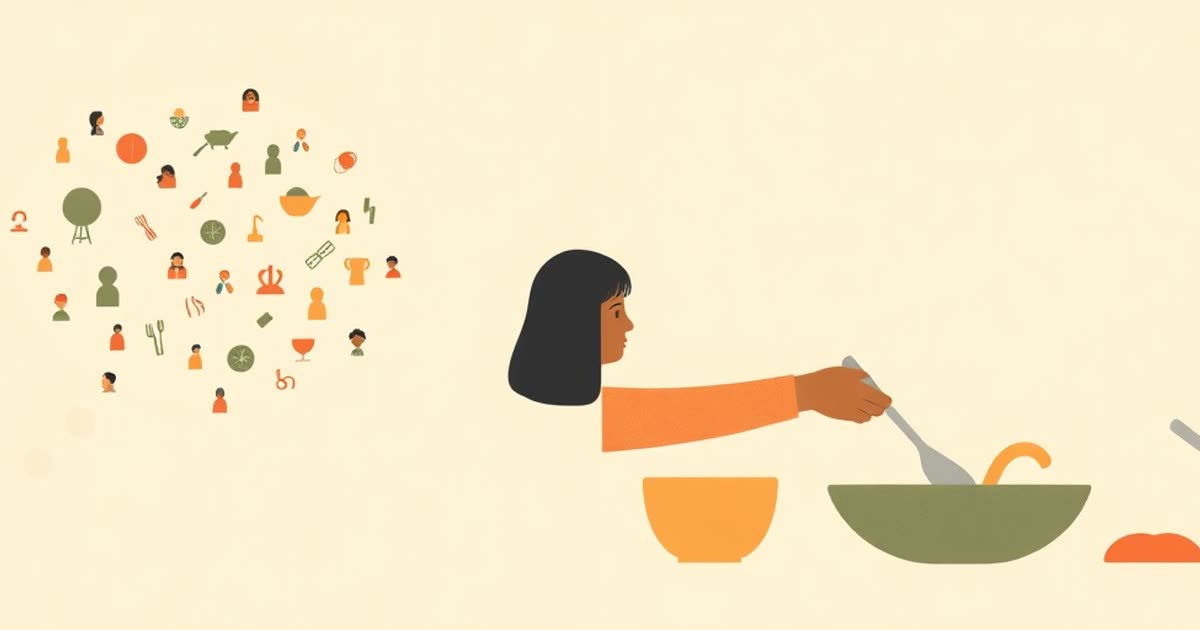 Split composition: one side a thought bubble full of tiny tasks, the other side hands washing dishes.