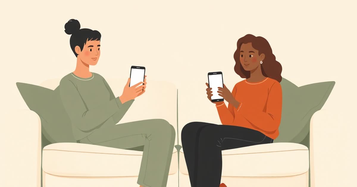 Two people sitting on a sofa each holding a phone with a blank screen, setting something up together.