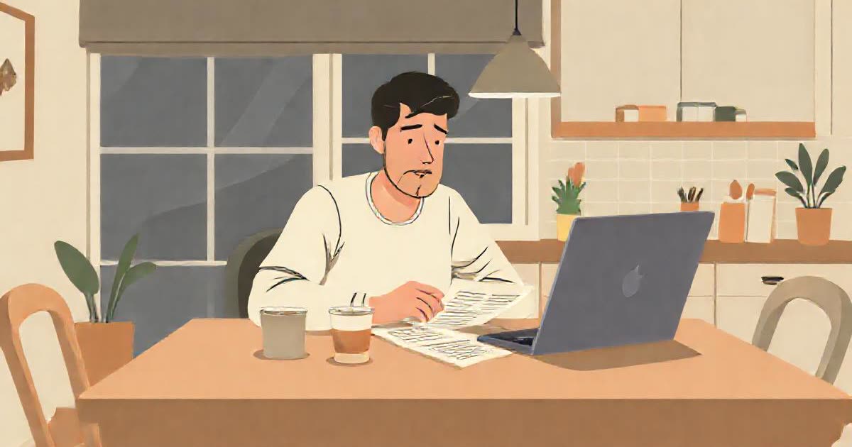 A tired parent at a kitchen table at night with a laptop, school forms and a cold cup of coffee.
