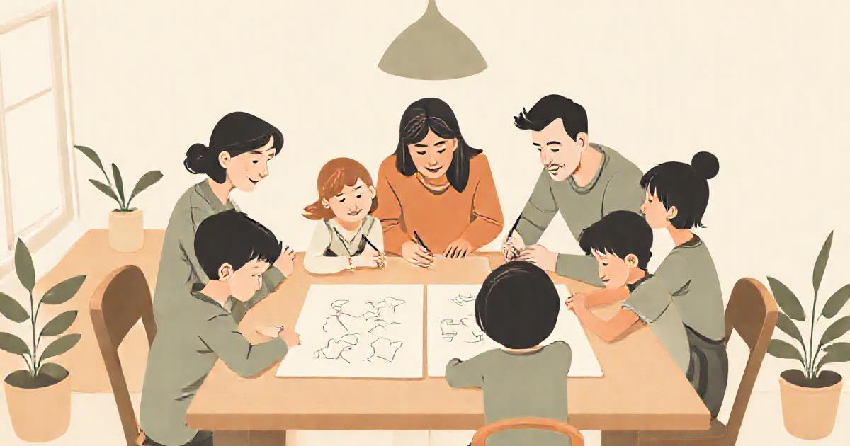 A family gathered around a kitchen table writing on a large sheet of paper, children drawing.
