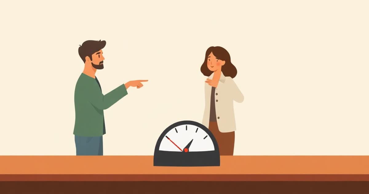 Two semicircles forming a ring like a gauge on a table, a couple pointing at it together.