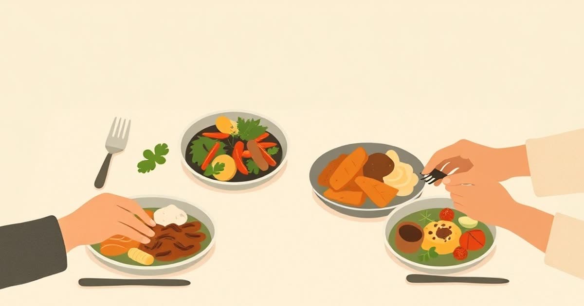 A dining table with dishes from two different cuisines meeting in the middle, two pairs of hands sharing.