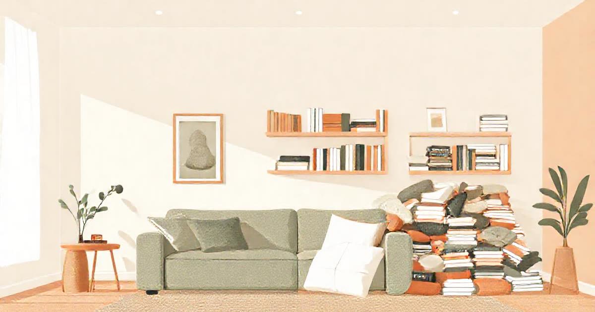 A living room where one half is tidy and the other half has a relaxed pile of cushions and books.