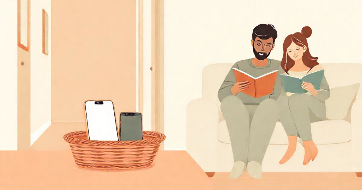 Two phones placed face down in a small basket on a hallway table, a couple reading books on a sofa.