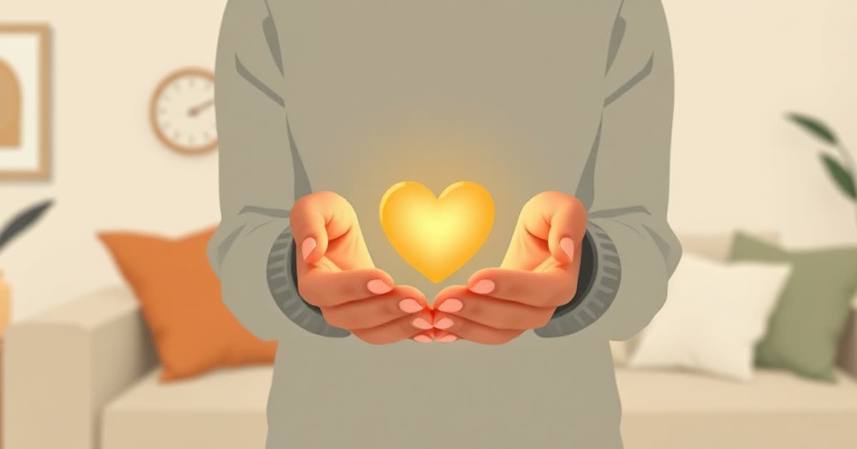 A person holding a small glowing heart carefully in both hands, soft living room background.