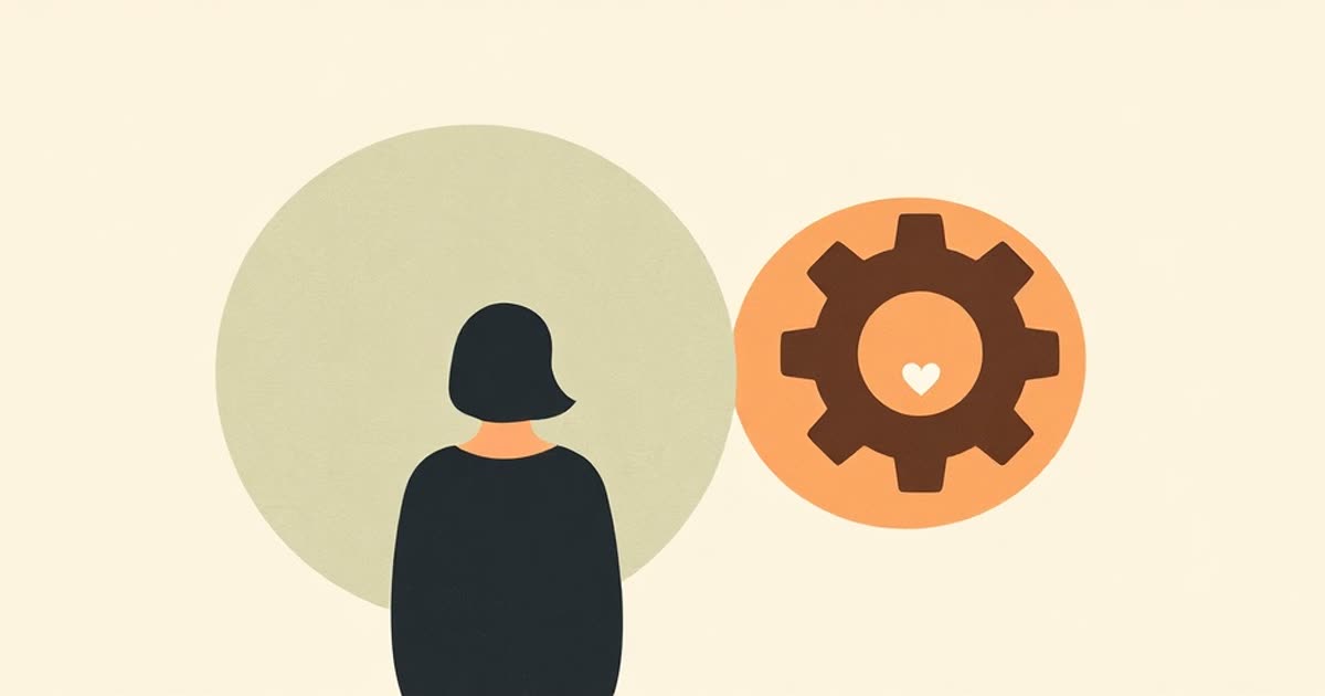 Two overlapping soft circles, one containing a simple heart shape, the other a simple gear shape, on a cream background.