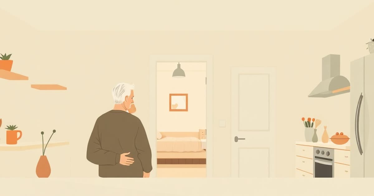 An older couple in a quiet kitchen, an empty child's bedroom visible through a doorway.