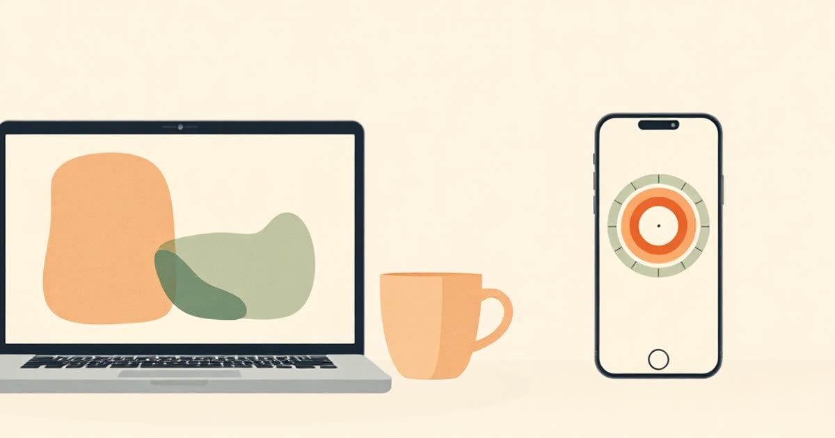 A laptop with an abstract grid next to a phone with a simple ring chart, coffee mug between.