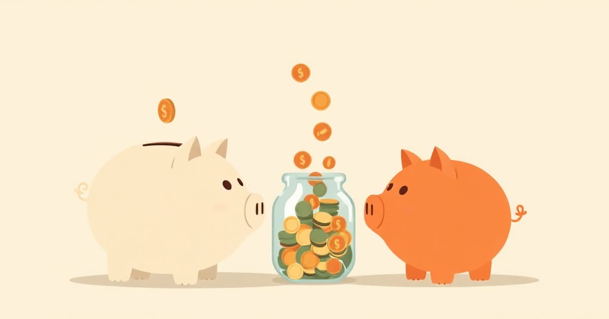 Two piggy banks of different sizes with coins flowing proportionally into a shared jar.