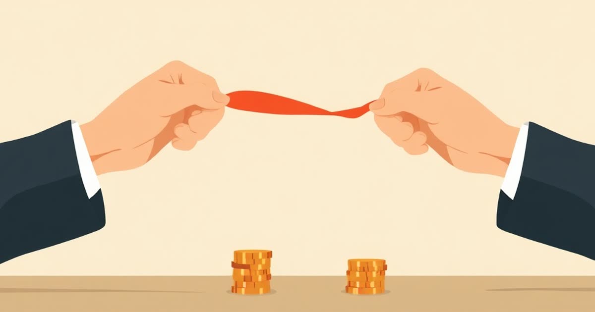 Two hands holding opposite ends of a ribbon over a table with two small balanced stacks of coins.
