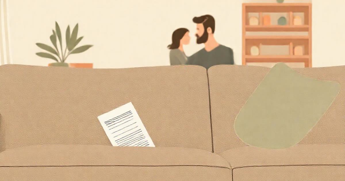 A hidden receipt half tucked under a sofa cushion, a couple talking in the background.