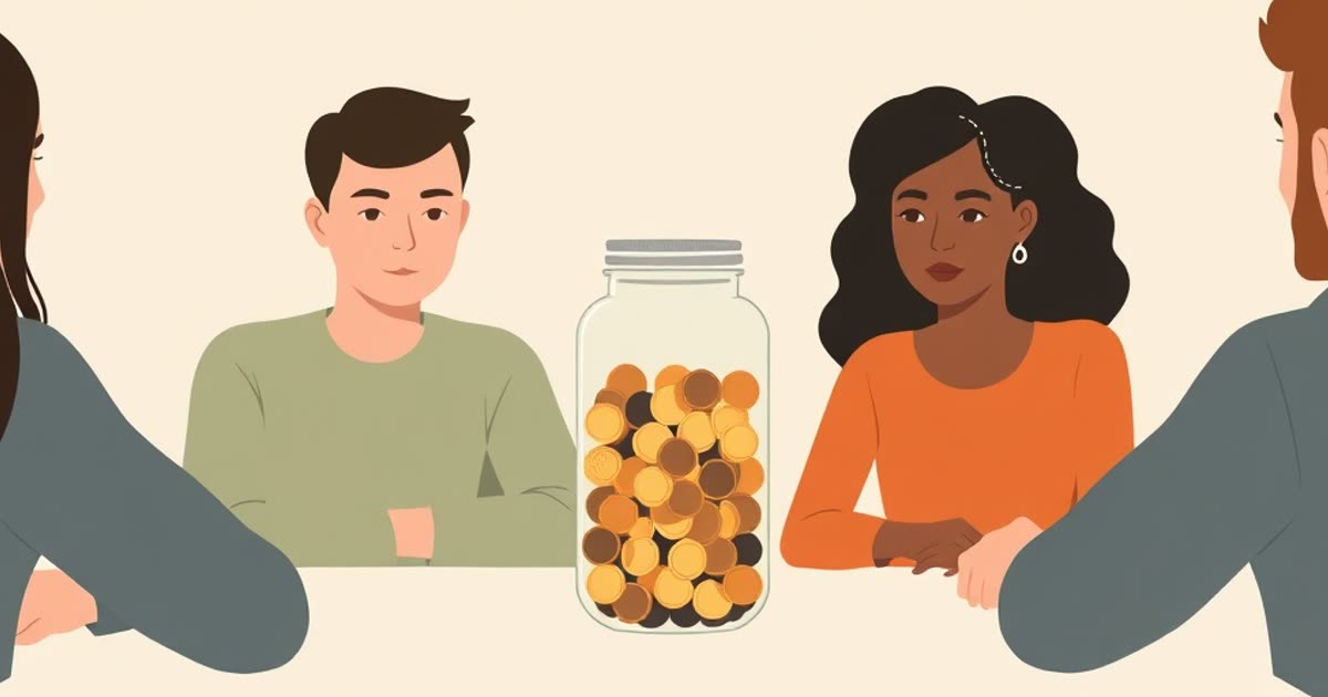 A glass jar of coins on a table seen clearly by two people sitting opposite each other.
