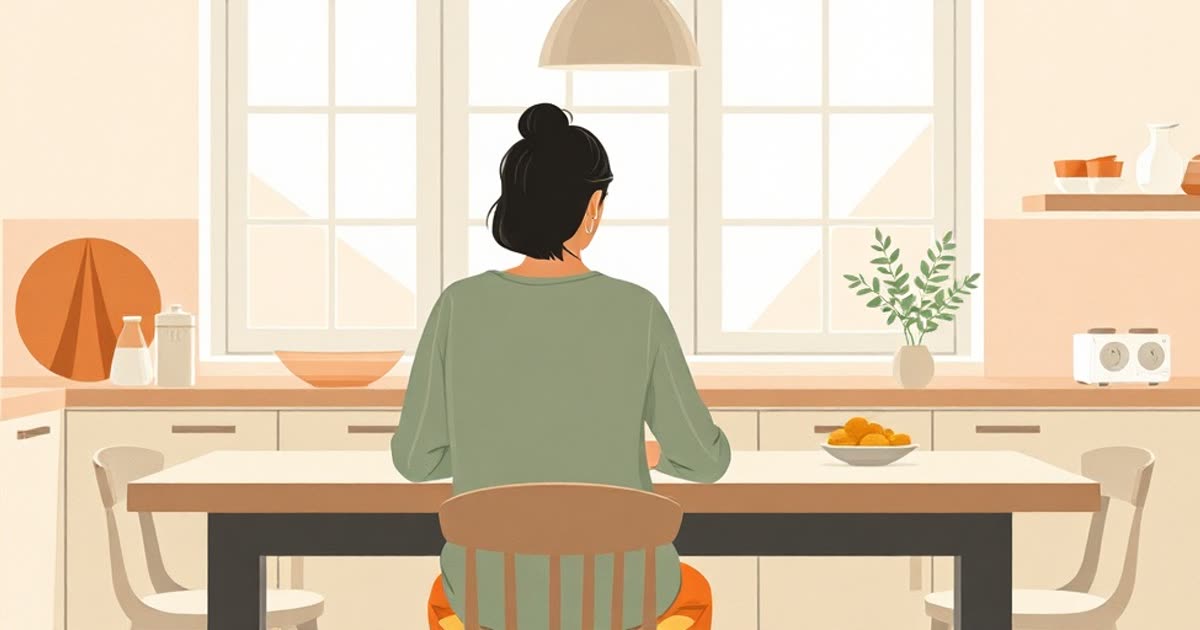 Two people who were turned away now turning towards each other at a kitchen table, morning light.
