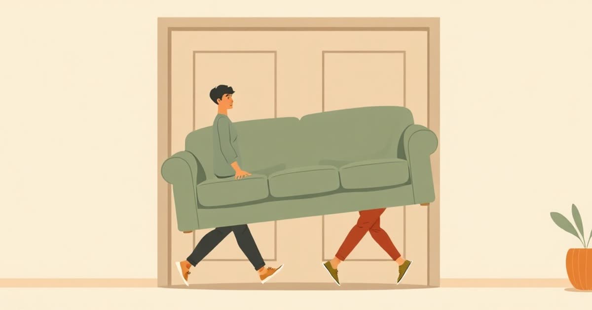Two people carrying a large sofa together through a doorway.