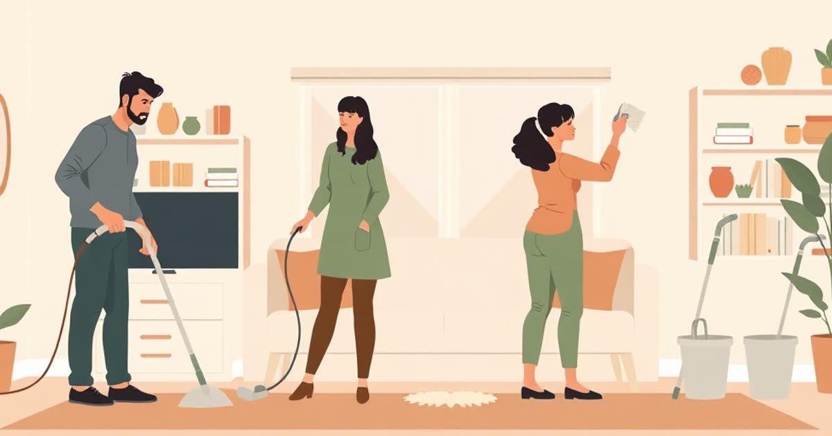 Two people cleaning a living room together, one vacuuming and one dusting shelves, a mop bucket in the corner.