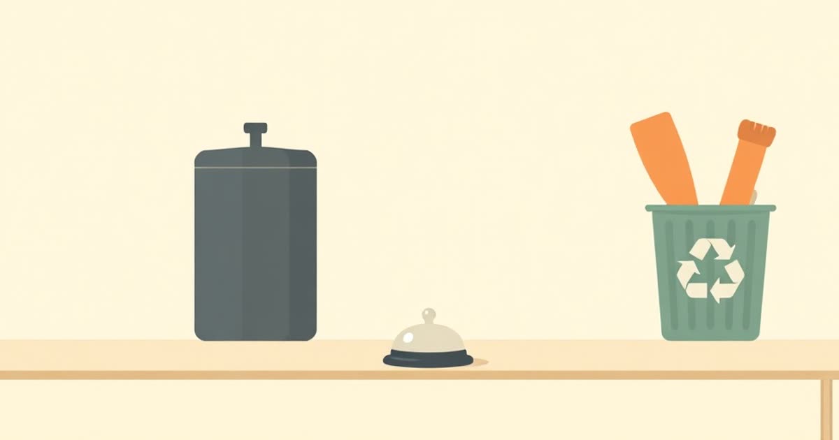 A small bell on a kitchen counter next to a recycling bin, soft morning light.