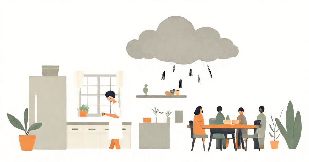 A storm cloud quietly hovering over one person washing dishes while the house is calm.