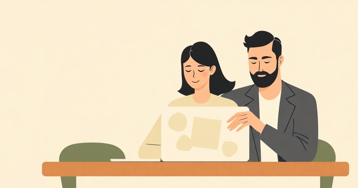 A couple at a table with a laptop showing job listings as abstract shapes, a supportive hand on a shoulder.