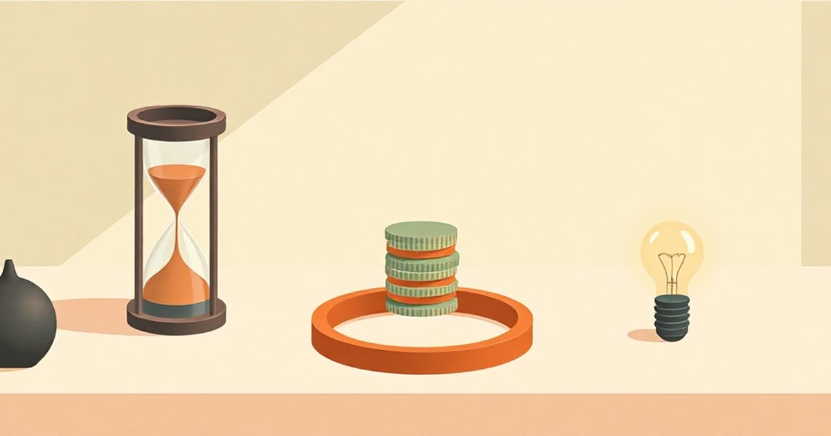 Three objects on a table, an hourglass, a stack of coins and a small glowing lightbulb, arranged around a ring shape.