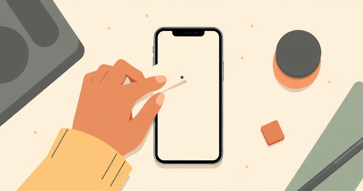 A hand placing small task cards onto a phone with a blank screen, cleaning items around.