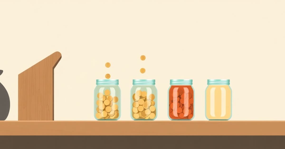 Coins flowing down a small wooden chute into three plain glass jars of different colours on a shelf.