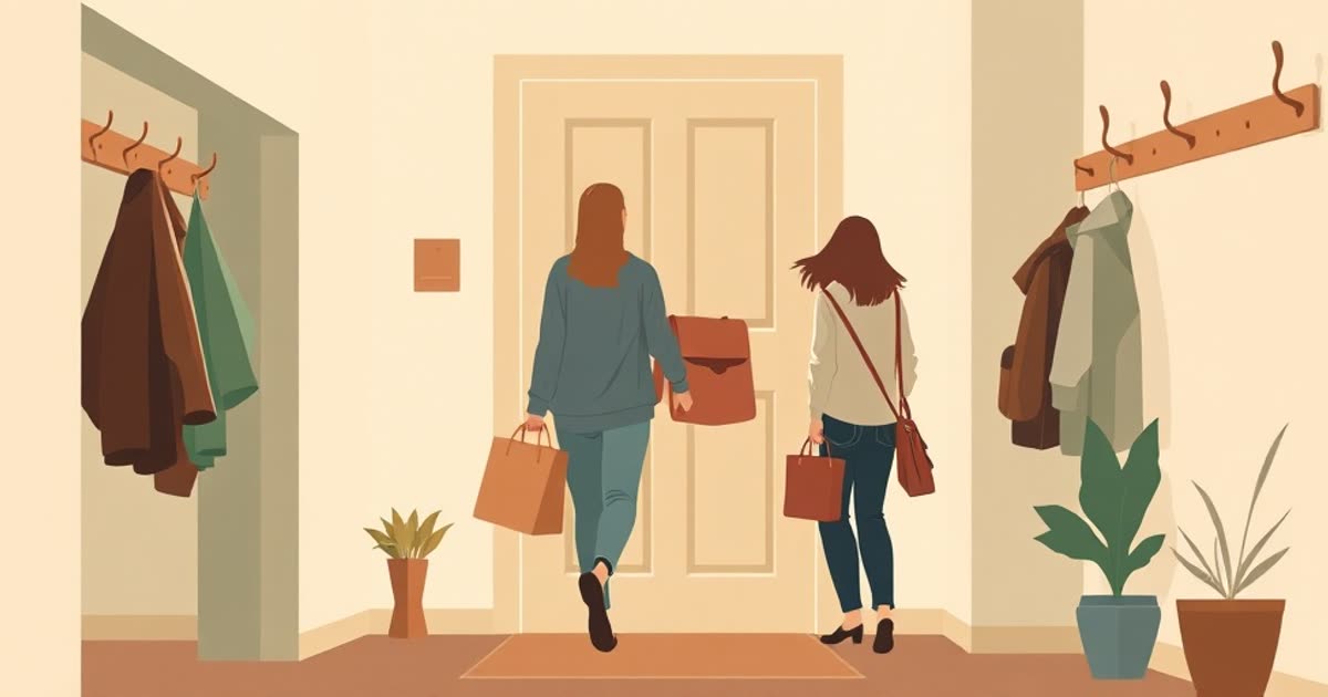 Two people with work bags arriving home together through the front door, a cosy hallway with coat hooks.