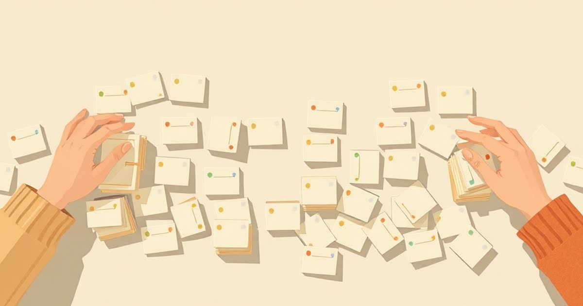 Chore cards spread on a table being sorted into two equal piles by two pairs of hands.