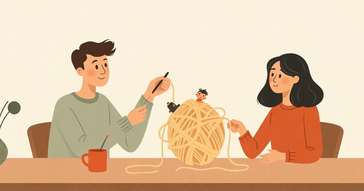 One person showing another a big tangled ball of yarn with small household objects caught in it, both sitting at a table.