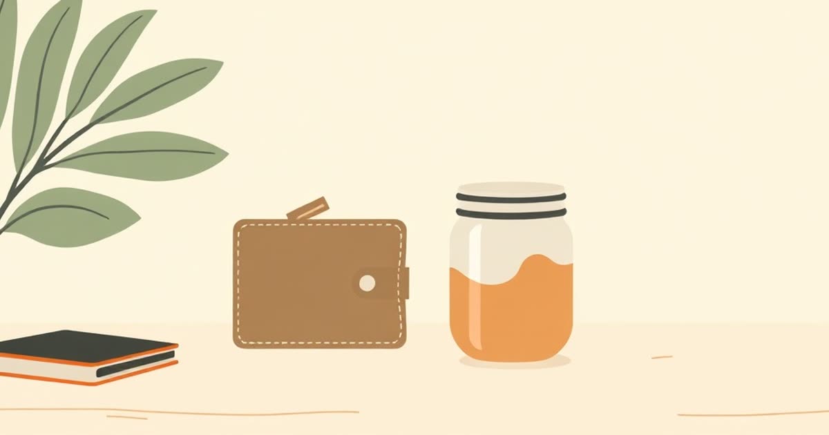 Two wallets of different colours beside one shared jar on a table.