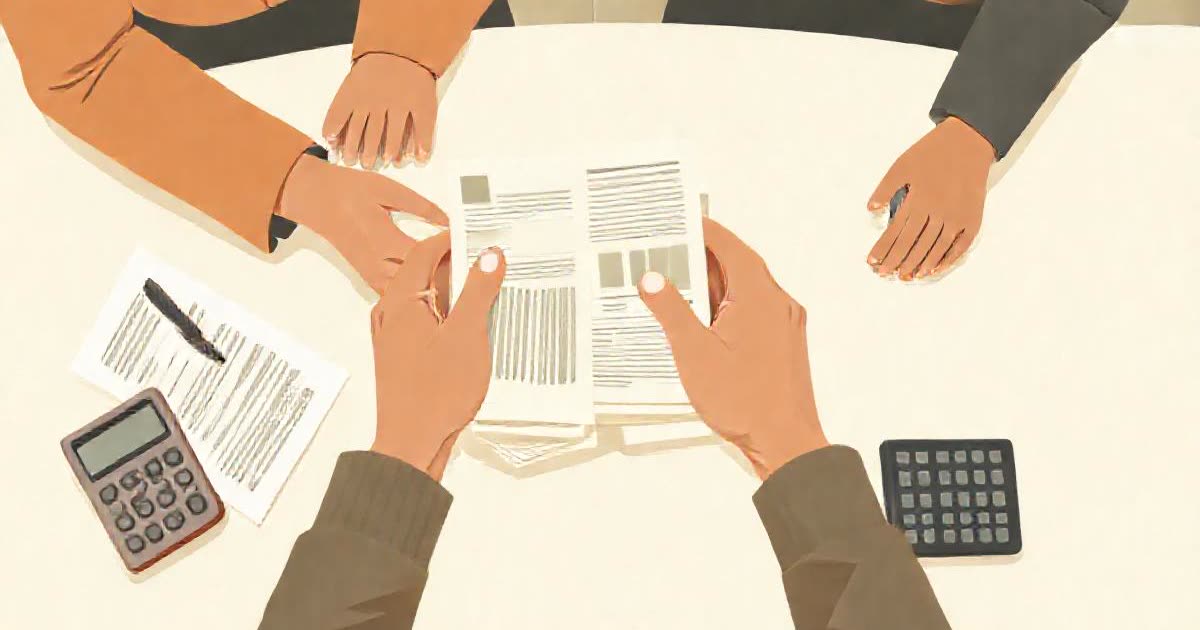 A stack of household bills on a table being divided by two hands, calculator nearby.