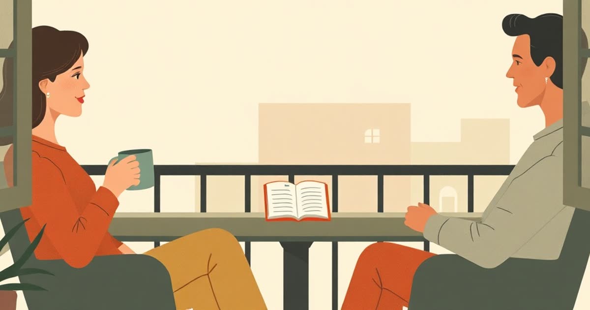 Two people talking calmly on a balcony with mugs, a small notebook of numbers between them.