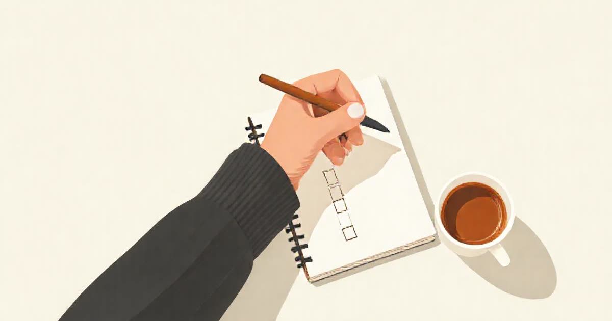 A hand holding a pencil over a plain notebook with simple tick marks, a cup of tea beside it.