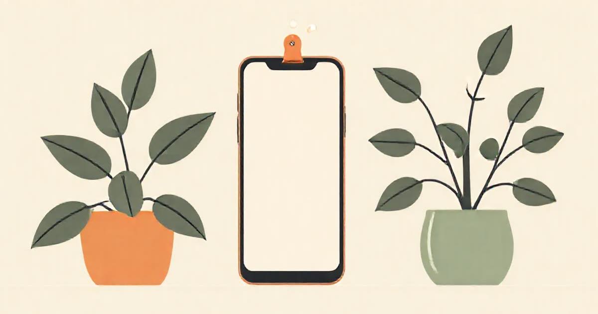 A phone with a blank screen and a small bell icon floating above it, beside a houseplant.
