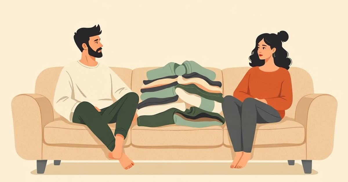 Two people on a sofa with a pile of laundry between them creating distance.