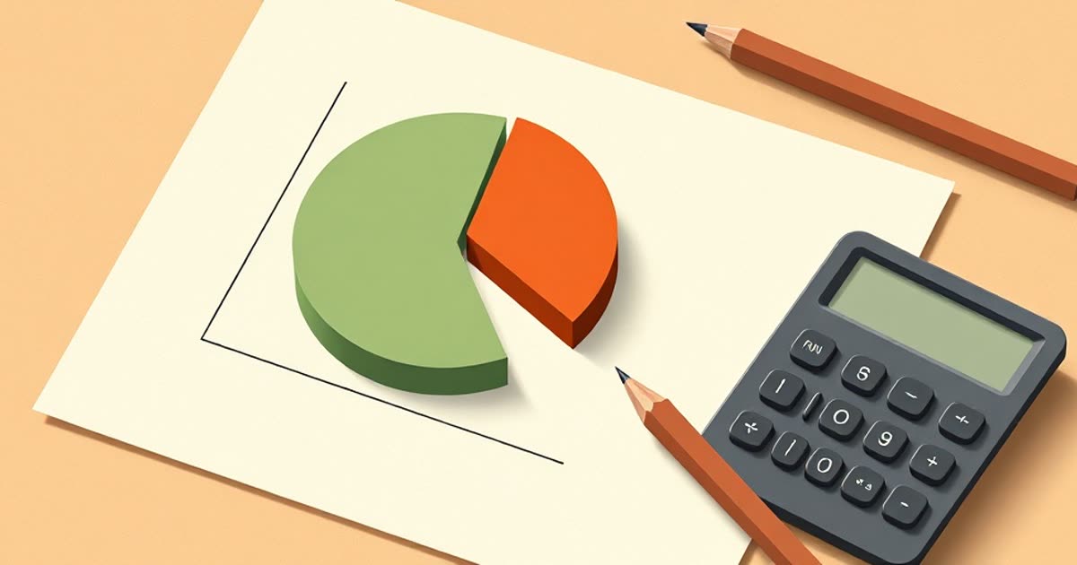 A pie chart made of two coloured slices of different sizes on paper, calculator and pencil.
