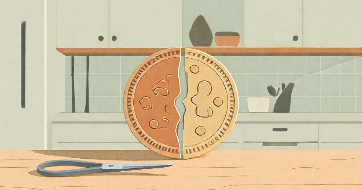 A large coin split into two unequal slices like a pie, on a kitchen table, scissors beside it.