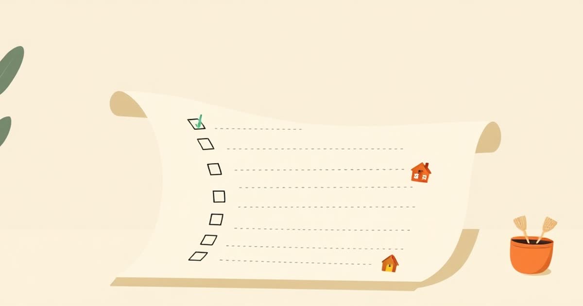 A long paper checklist curling off a table with small household icons beside the blank lines.