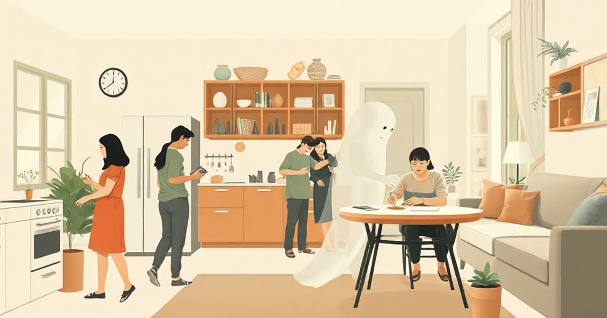 A translucent ghostly figure doing household tasks unnoticed in a busy home.